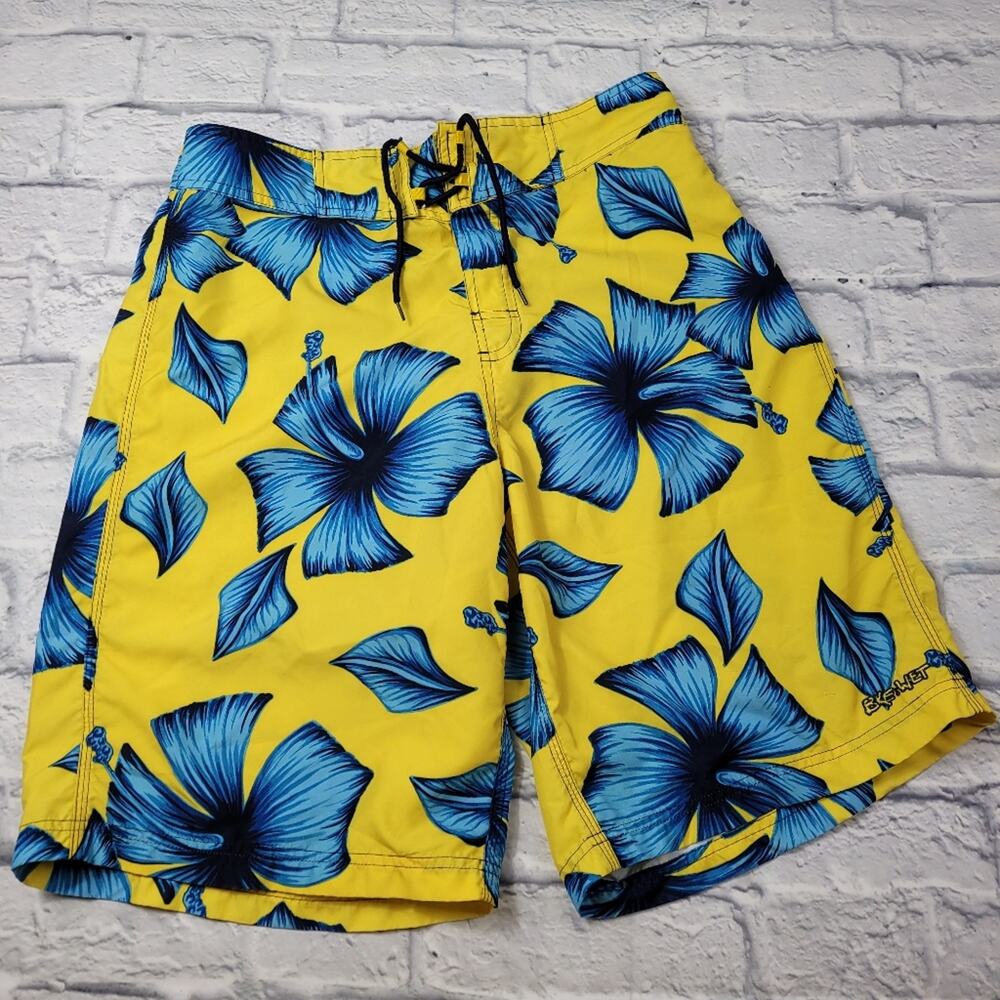 BKE Wet Tropical Hibiscus Yellow Blue Swim Board Shorts Vacation Beach size 31